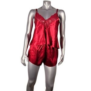 Red Satin Pajama Set with Lace Trim Adjustable Strap Top & Shorts